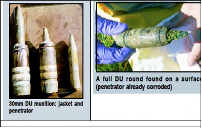 Слика 3. Пенетратори са осиромашеним уранијумом (лево). Пенетратор који је кородирао и који је пронађен у Хан Пијеску (десно). [9]