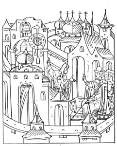 Минијатура из 15. века на којој је представљен србин Лазар како показује великом Кнезу Василију Димитријевићу своје дело часовник који је изградио на кнежевом двору у Кремљу