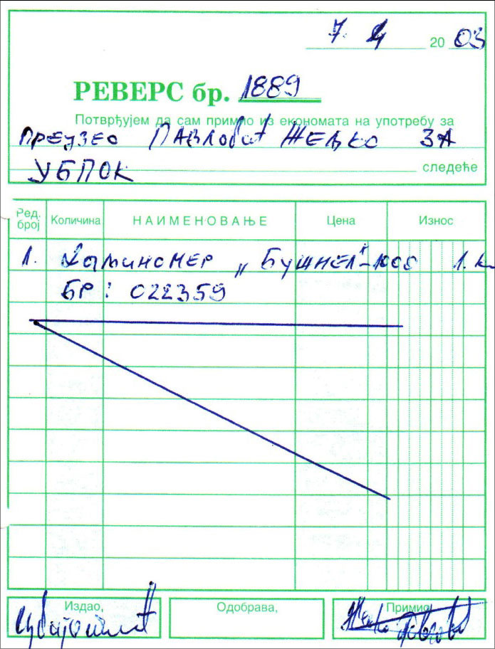 Доказ да је даљиномер узет из магацина 7. априла 2003.