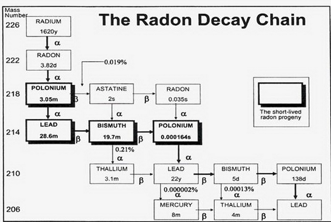 Слика 2. Ланац радиоактивног распада ”ћерки” уранијума 238